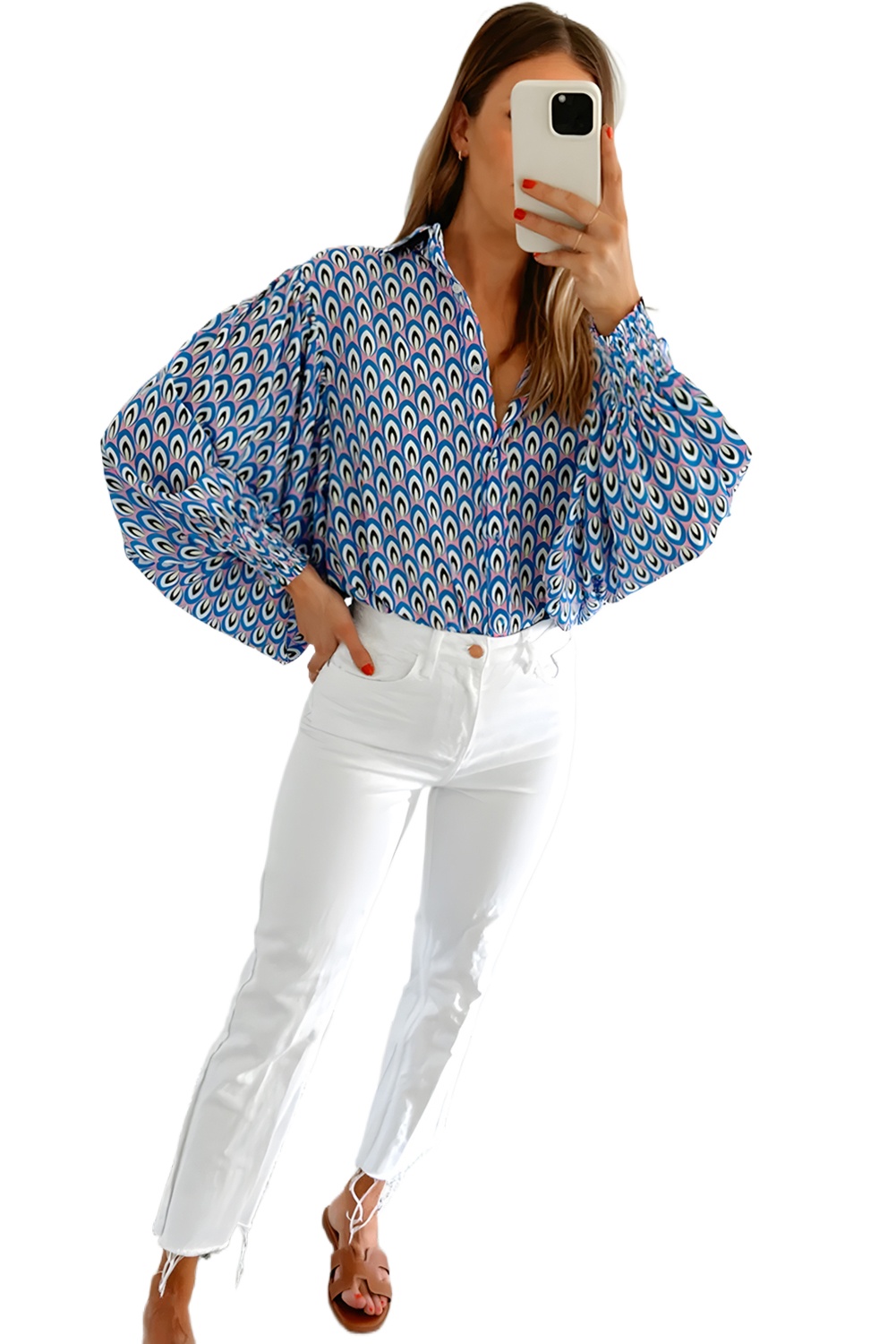 Women's Sky Blue Abstract Print Oversized Buttoned Shirt with Shirred Cuffs - Main View Women's Sky Blue Abstract Print Oversized Buttoned Shirt with Shirred Cuffs - Main View