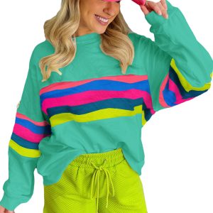 Women's Green Stripe Accent Long Sleeve Casual T-Shirt - Main View
