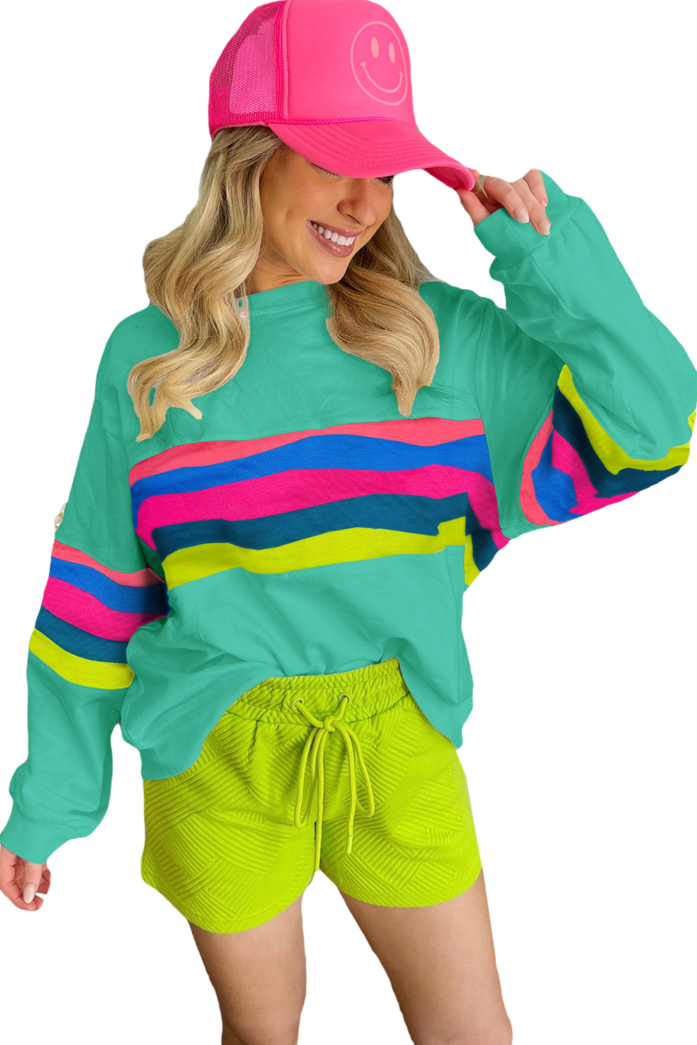 Women's Green Stripe Accent Long Sleeve Casual T-Shirt - Main View Women's Green Stripe Accent Long Sleeve Casual T-Shirt - Main View