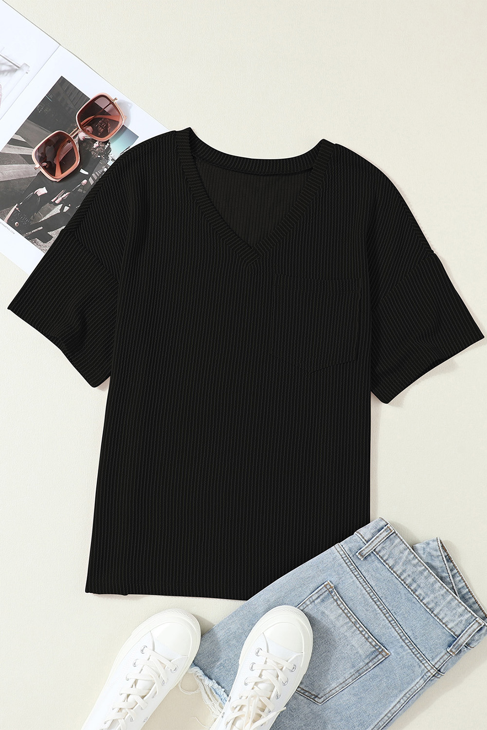 Women's Relaxed Fit Pocket Tee, Versatile Black Casual Top - Detail View 6 Women's Relaxed Fit Pocket Tee, Versatile Black Casual Top - Detail View 6