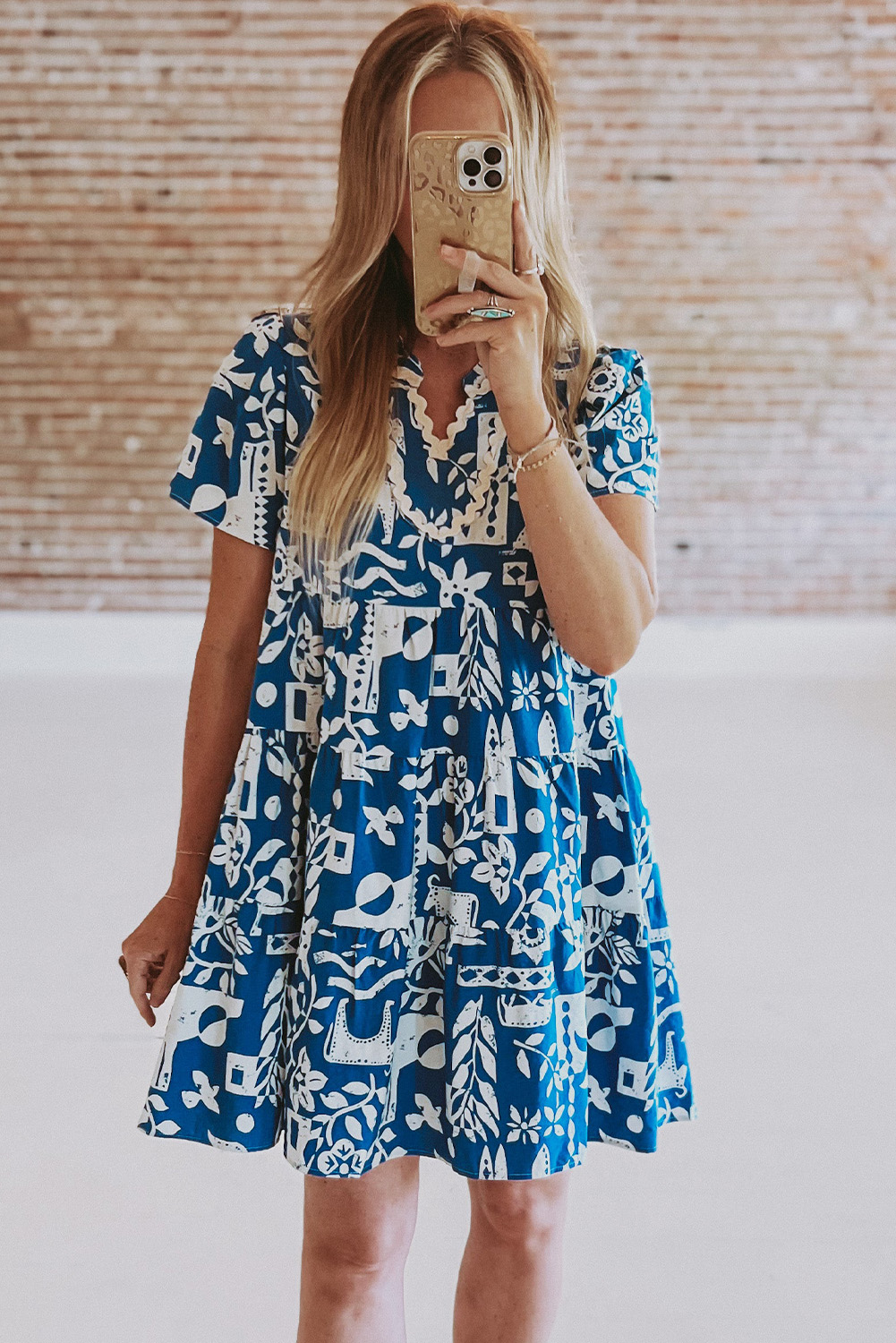 Women's Blue Floral Tiered Dress, Casual V Neck Summer Style - Detail View 7 Women's Blue Floral Tiered Dress, Casual V Neck Summer Style - Detail View 7