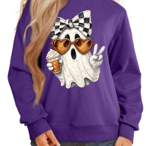 Purple Ghost Sweatshirt, Casual Mock Neck Pullover for Women - Main View