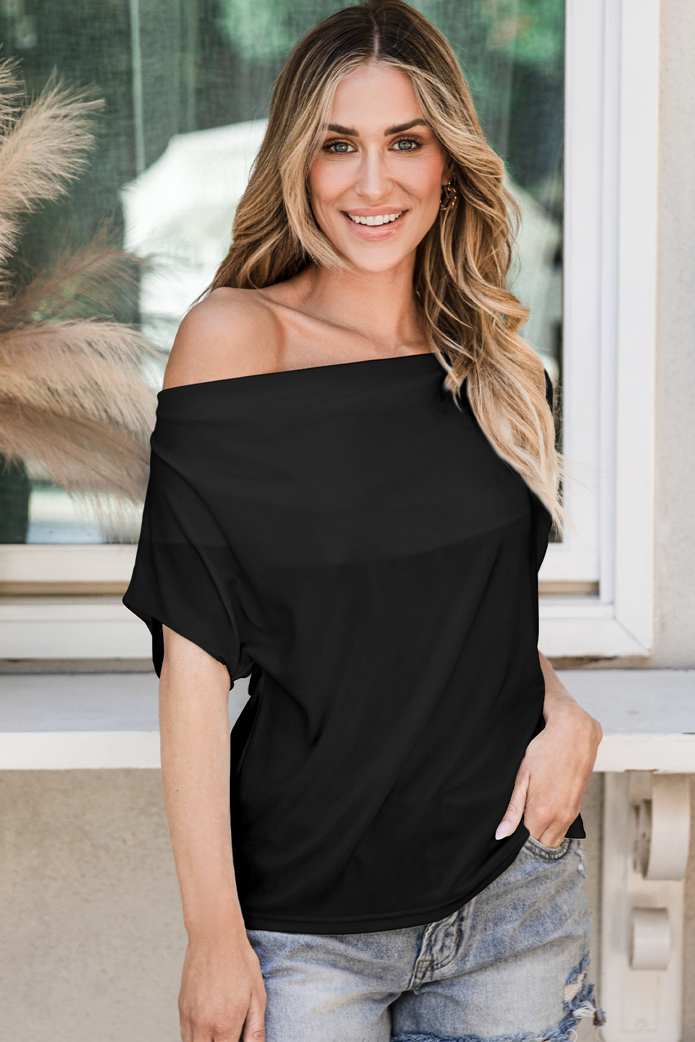 Chic Short Sleeve Tee: Black Cowl Neck with Bat Sleeve Design - Detail View 7 Chic Short Sleeve Tee: Black Cowl Neck with Bat Sleeve Design - Detail View 7