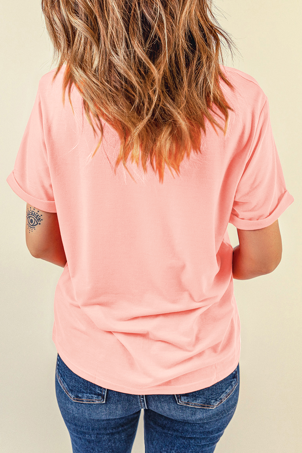 Solid Pink Round Neck T-Shirt, Everyday Casual Women's Tee - Detail View 2 Solid Pink Round Neck T-Shirt, Everyday Casual Women's Tee - Detail View 2