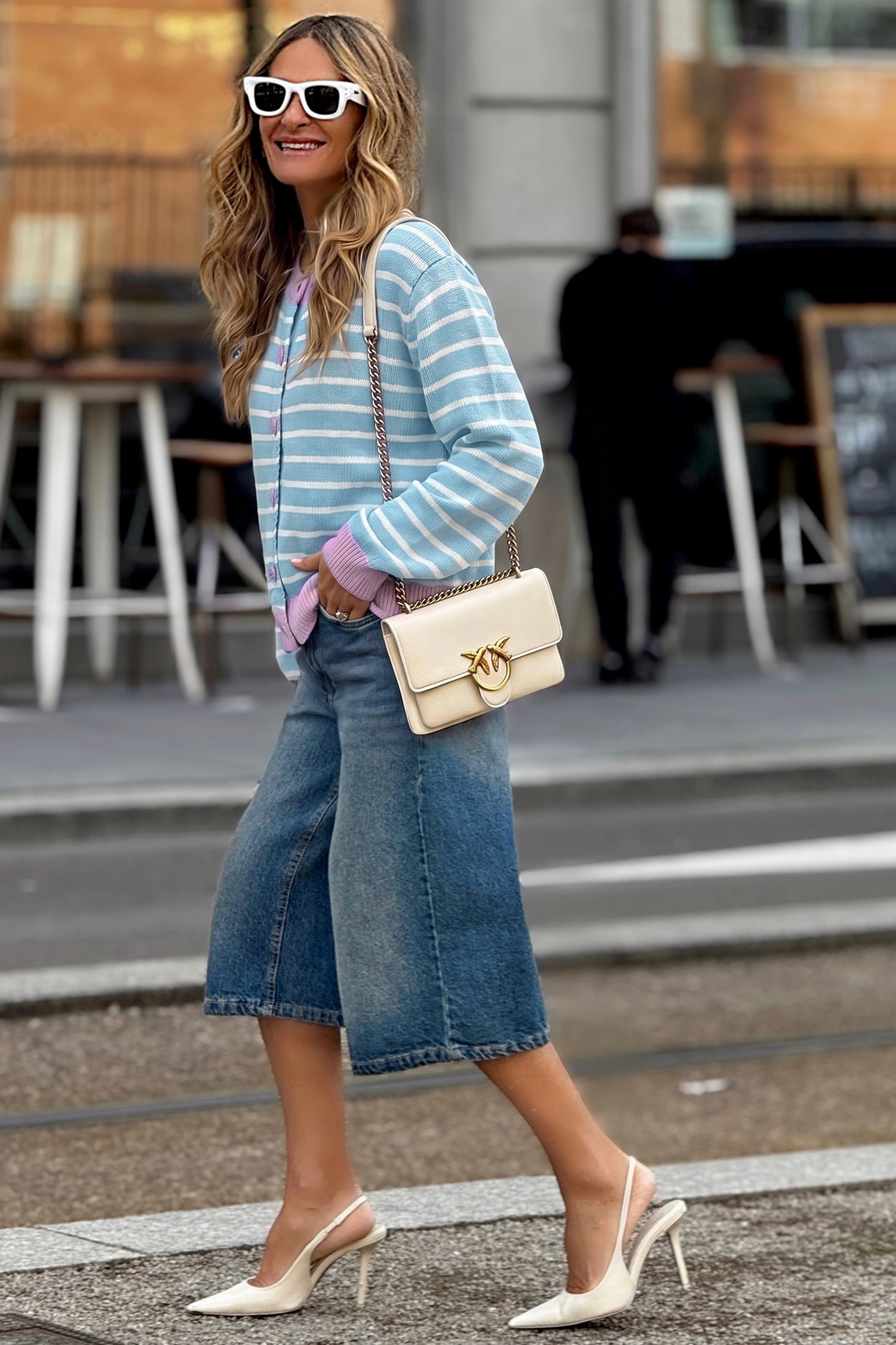 Women's Striped Button Cardigan, Casual Sky Blue Knit Top - Detail View 13 Women's Striped Button Cardigan, Casual Sky Blue Knit Top - Detail View 13