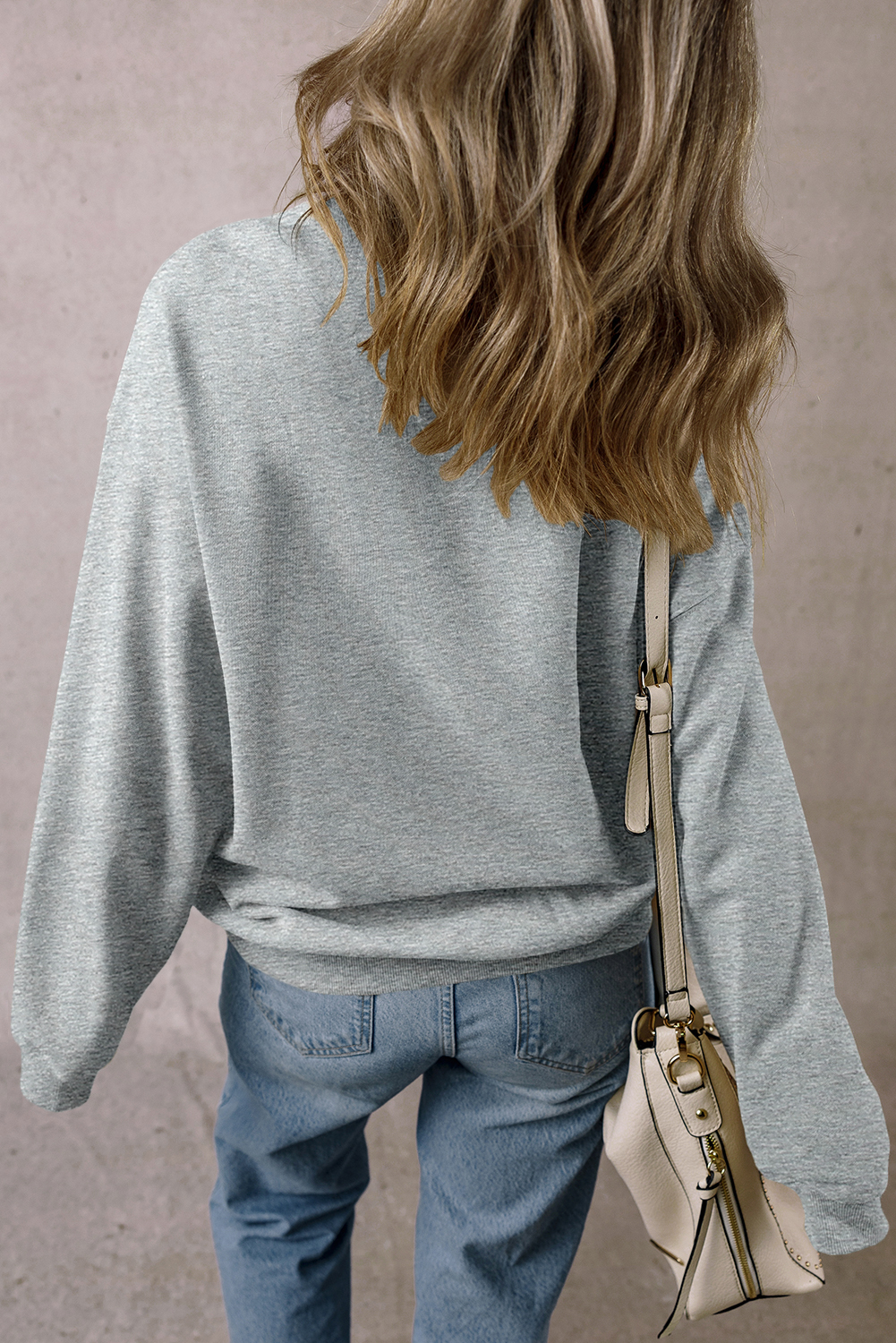 Concise Chic Style: Light Grey Crew Neck Fleece Sweatshirt - Detail View 2 Concise Chic Style: Light Grey Crew Neck Fleece Sweatshirt - Detail View 2