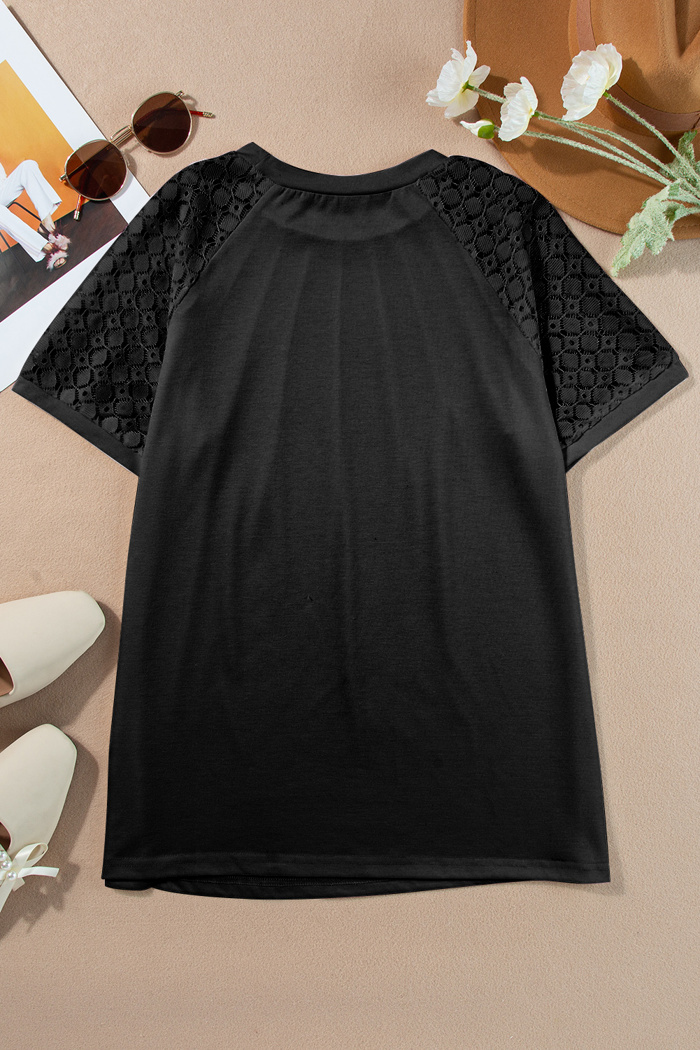 Sophisticated Lace Raglan Tee, Solid Black Summer Daily Top - Detail View 12 Sophisticated Lace Raglan Tee, Solid Black Summer Daily Top - Detail View 12