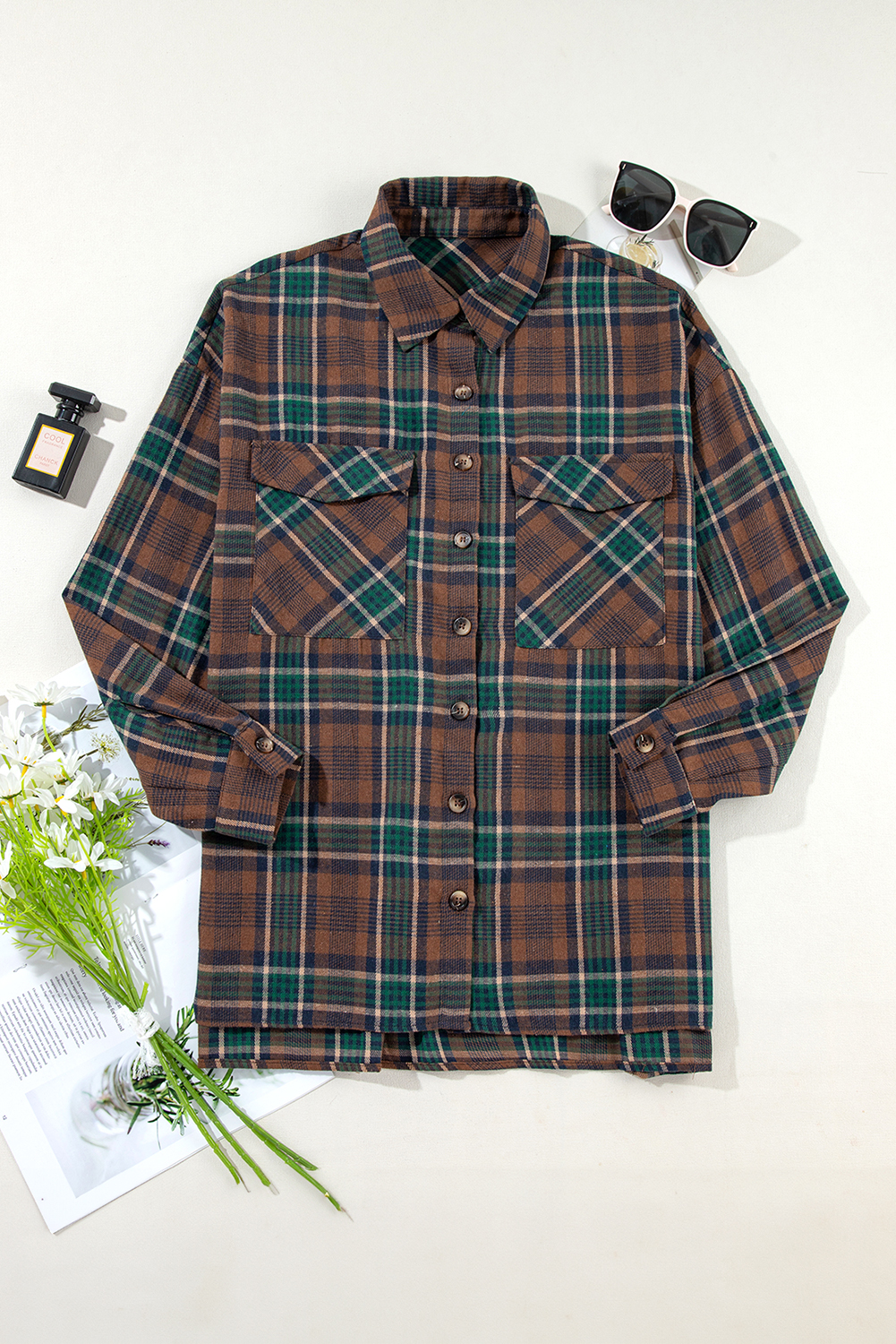Versatile Shift Jacket with Button Up Style - Brown Plaid Print - Detail View 8 Versatile Shift Jacket with Button Up Style - Brown Plaid Print - Detail View 8