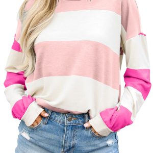 Light Pink Colorblock Striped Drop Shoulder Long Sleeve Top - Main View