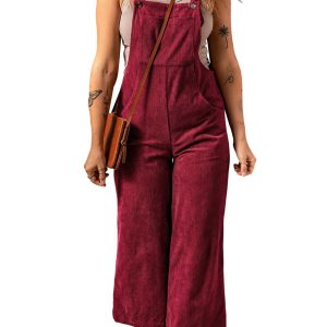 Women's Red Corduroy Overalls, Relaxed Wide Leg Jumpsuit - Main View