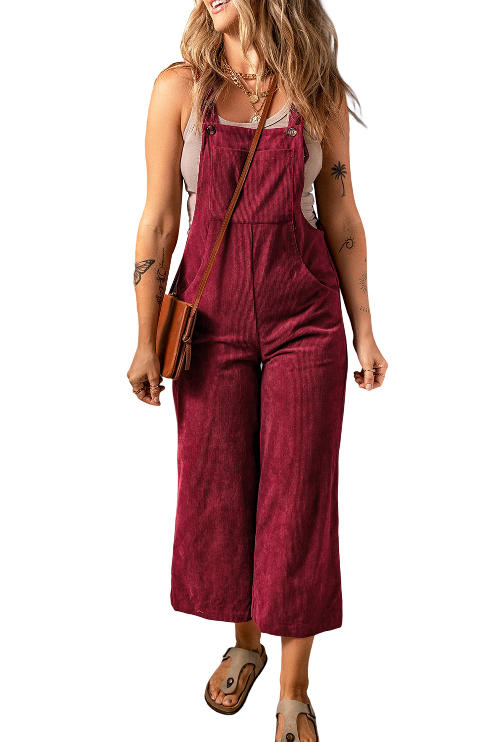 Women's Red Corduroy Overalls, Relaxed Wide Leg Jumpsuit - Main View Women's Red Corduroy Overalls, Relaxed Wide Leg Jumpsuit - Main View