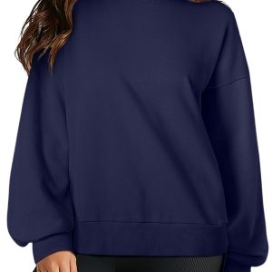 Women's Navy Blue Solid O Neck High Low Hem Pullover Sweatshirt - Casual and Comfortable - Main View