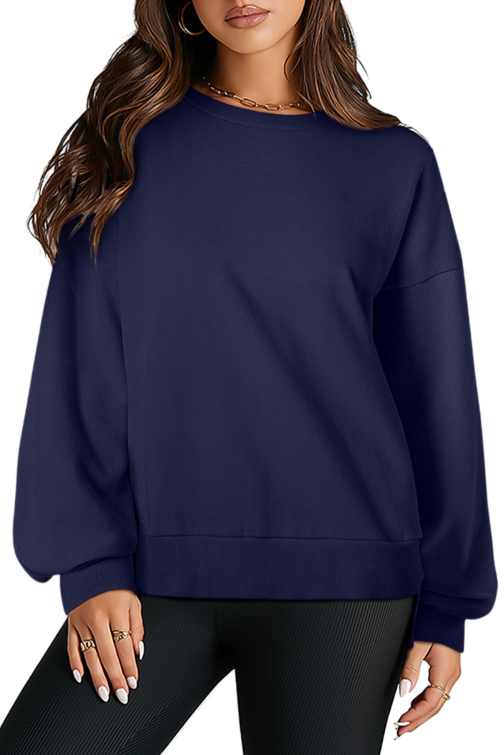 Women's Navy Blue Solid O Neck High Low Hem Pullover Sweatshirt - Casual and Comfortable - Main View Women's Navy Blue Solid O Neck High Low Hem Pullover Sweatshirt - Casual and Comfortable - Main View