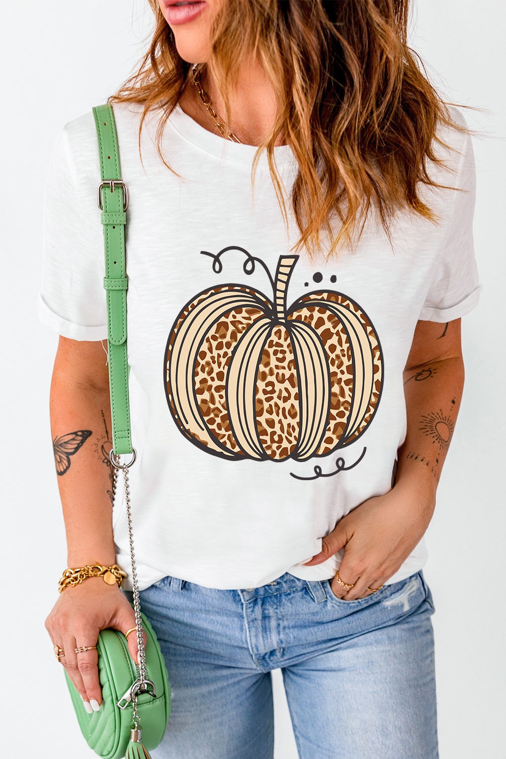 Women's White Leopard Pumpkin Graphic Crewneck Halloween T-Shirt - Detail View 6 Women's White Leopard Pumpkin Graphic Crewneck Halloween T-Shirt - Detail View 6