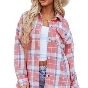 Women's Pink Plaid Flap Pocket Button Up Shacket - Main View