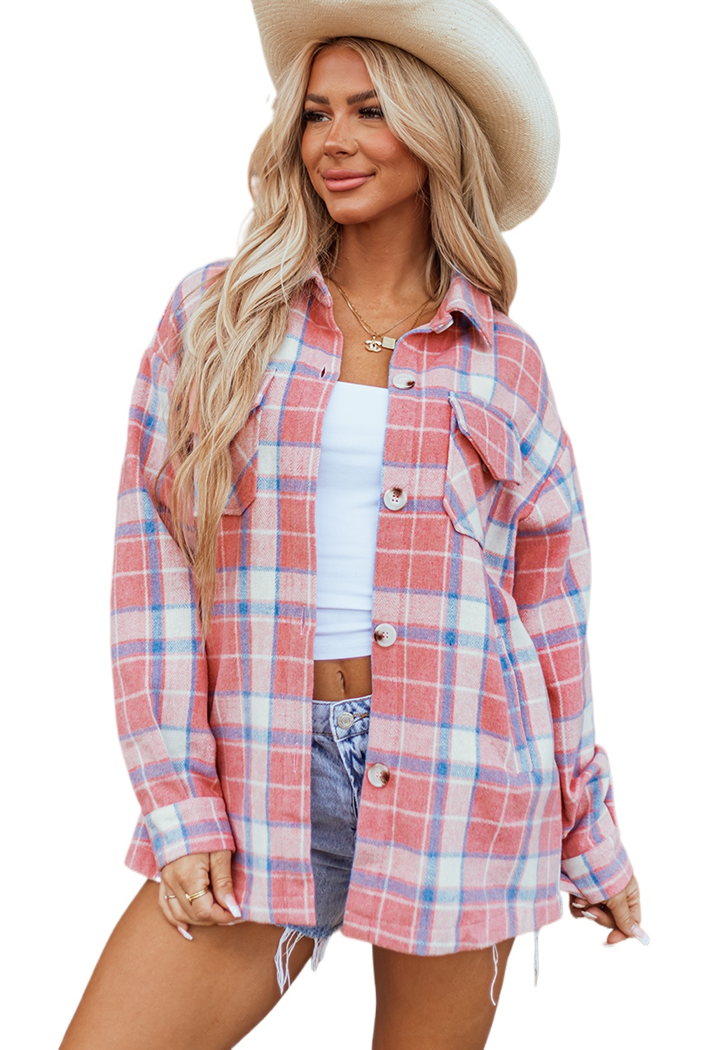 Women's Pink Plaid Flap Pocket Button Up Shacket - Main View Women's Pink Plaid Flap Pocket Button Up Shacket - Main View