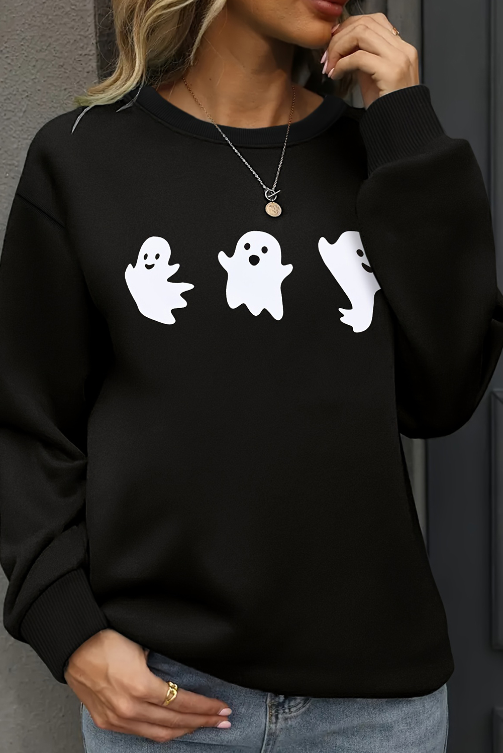 Women's Black Halloween Ghosts Print Round Neck Sweatshirt - Detail View 11 Women's Black Halloween Ghosts Print Round Neck Sweatshirt - Detail View 11