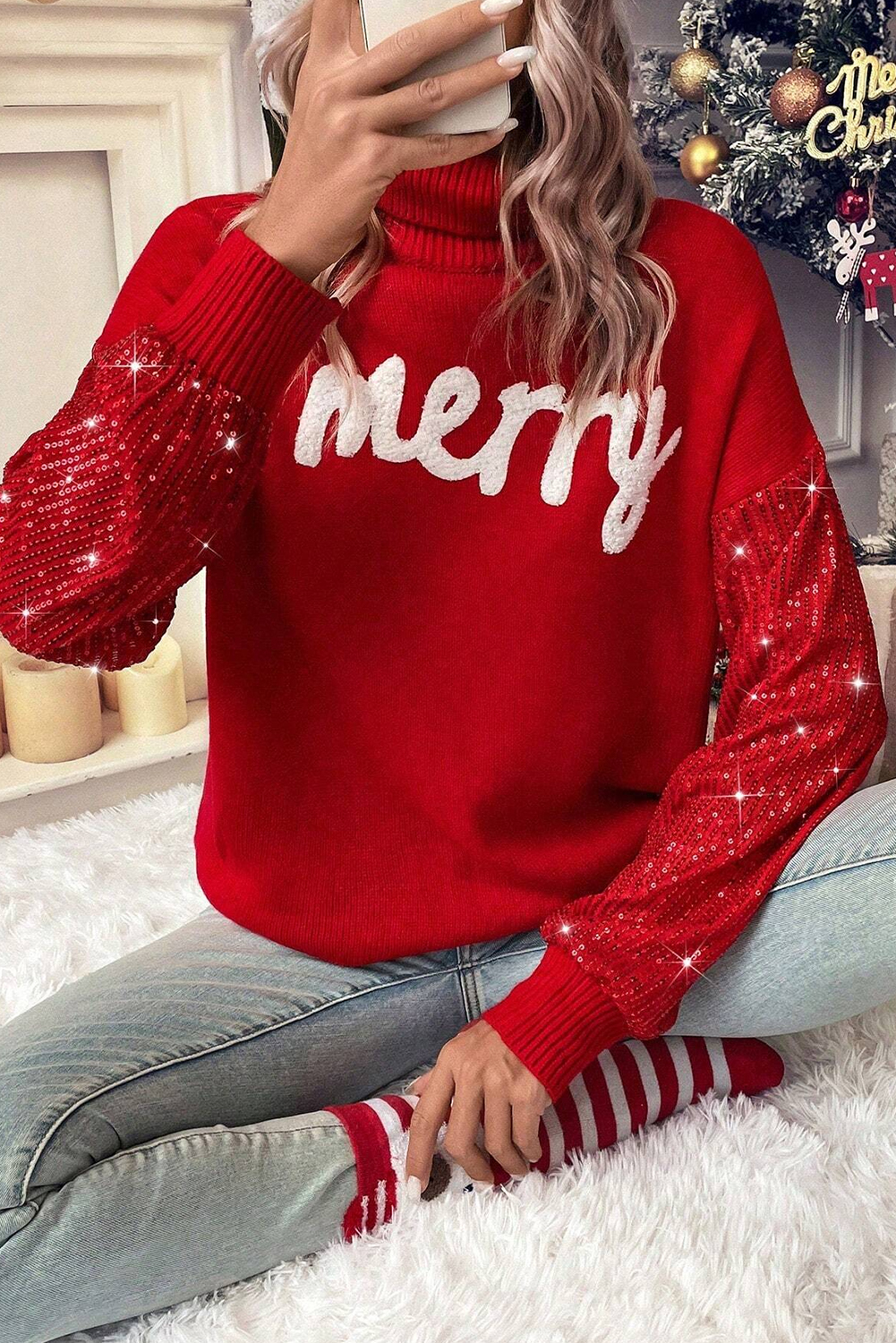 Women's Racing Red Merry Graphic Christmas Turtleneck Sweater with Sequin Sleeves - Detail View 9 Women's Racing Red Merry Graphic Christmas Turtleneck Sweater with Sequin Sleeves - Detail View 9