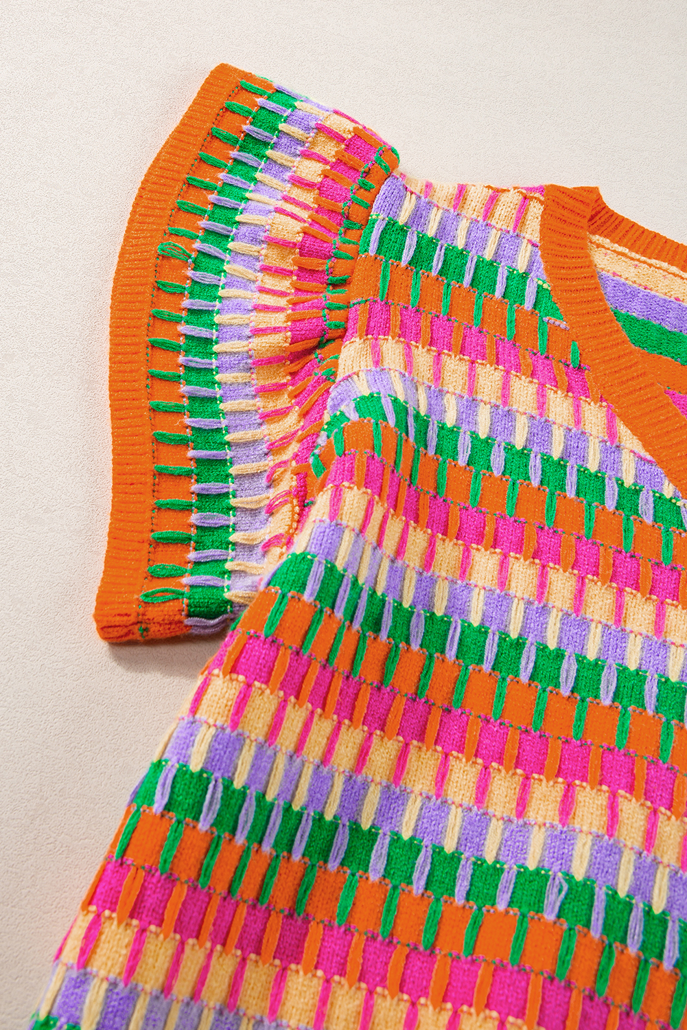 Vibrant Orange Short Sleeve Sweater with Flutter Details for Summer - Detail View 7 Vibrant Orange Short Sleeve Sweater with Flutter Details for Summer - Detail View 7