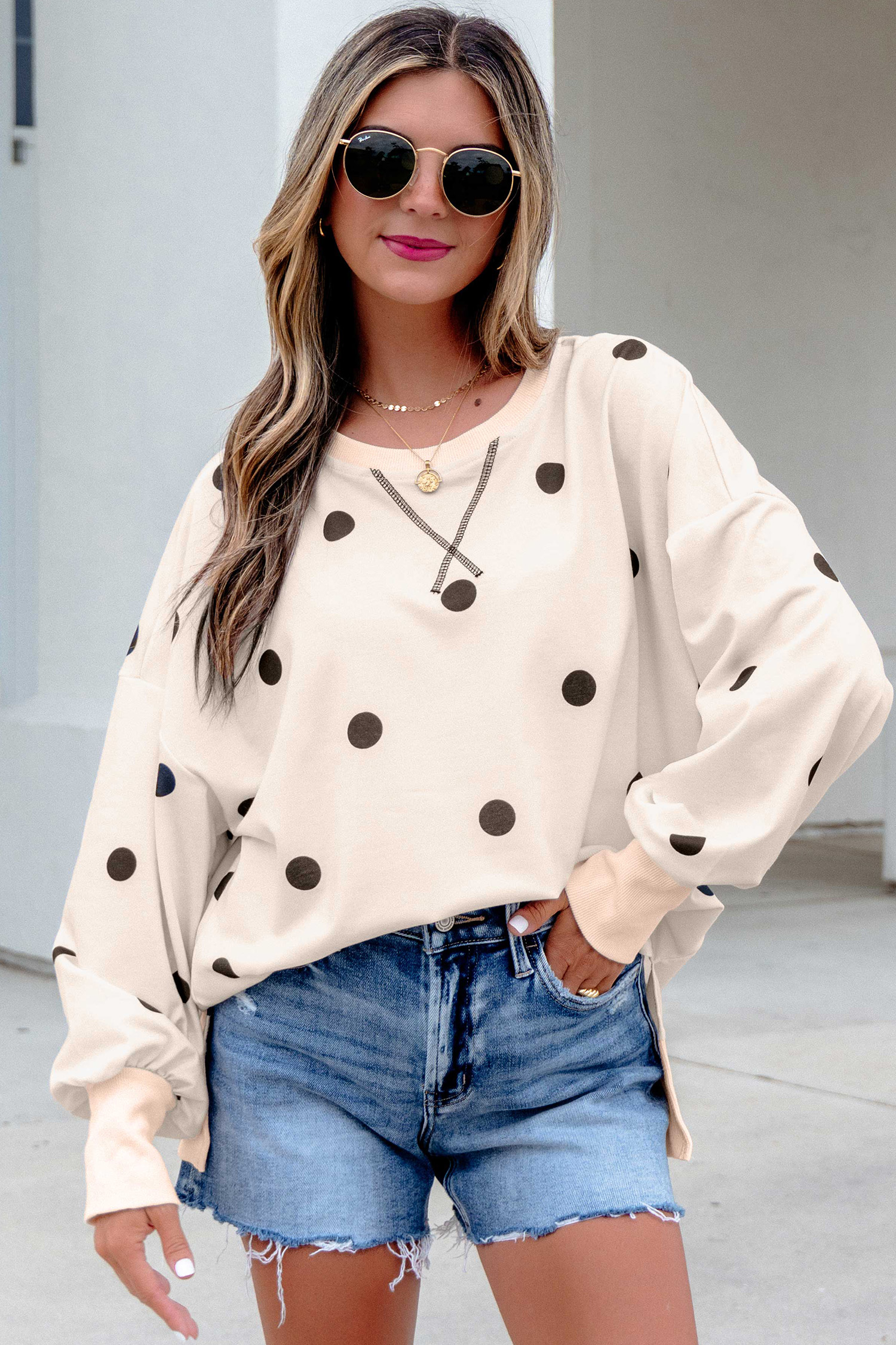 Beige Polka Dot Sweatshirt, Relaxed Round Neck Split Hem Top - Detail View 2 Beige Polka Dot Sweatshirt, Relaxed Round Neck Split Hem Top - Detail View 2