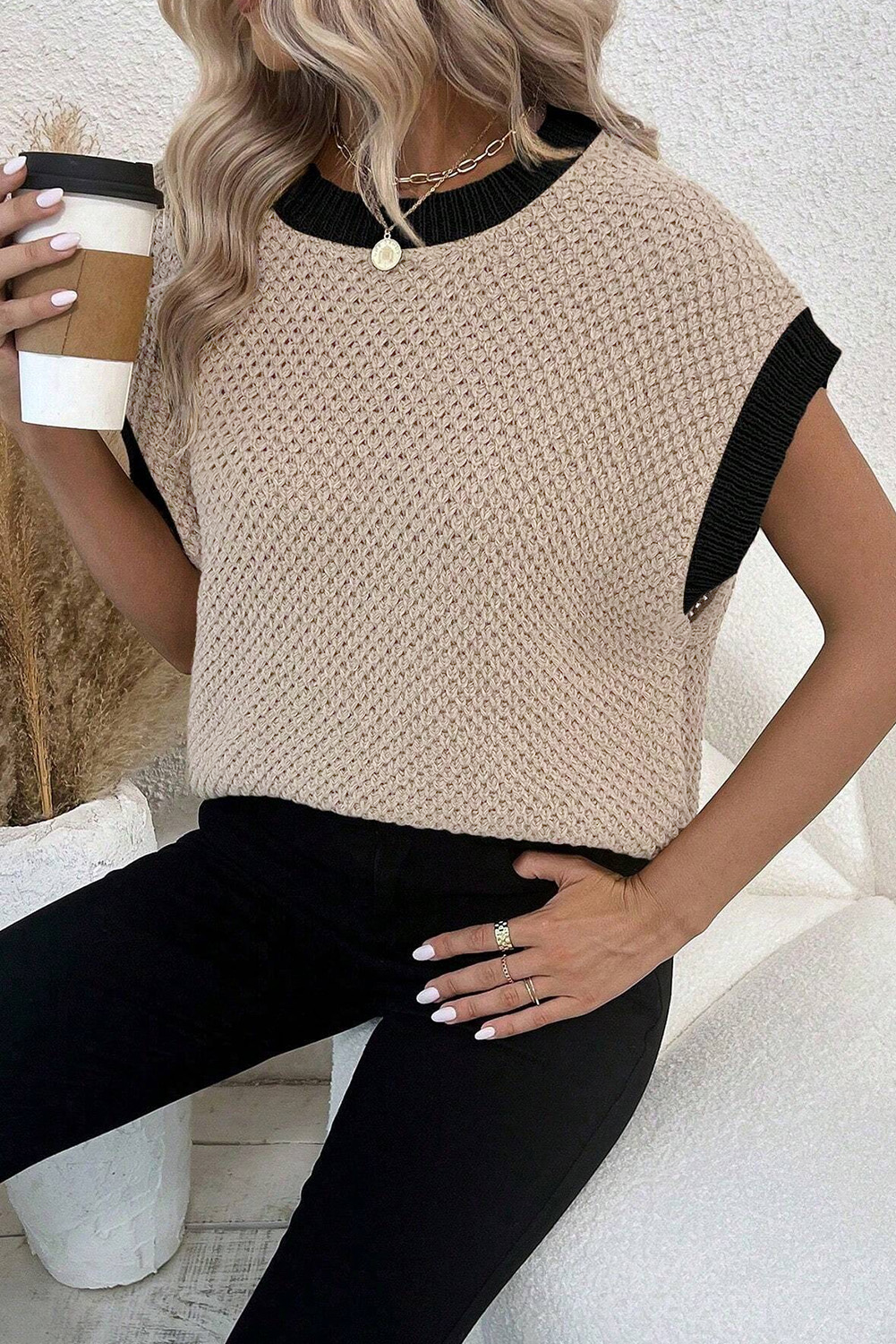 Short Sleeve Sweater Top with Contrast Trim - Detail View 6 Short Sleeve Sweater Top with Contrast Trim - Detail View 6