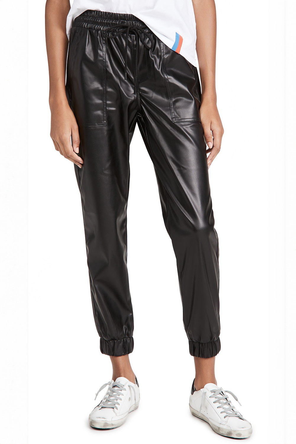 Fashionable Faux Leather Joggers with Adjustable Waist and Side Pockets - Black - Detail View 7 Fashionable Faux Leather Joggers with Adjustable Waist and Side Pockets - Black - Detail View 7