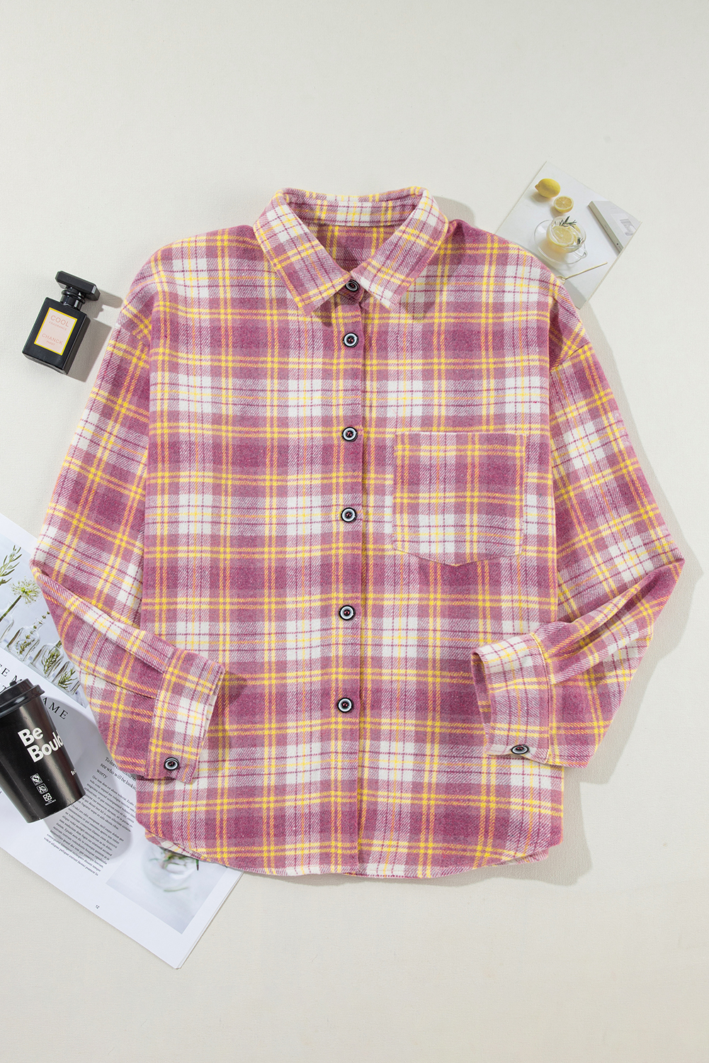 Stylish Plaid Shacket: Pink Print with Convenient Chest Pocket - Detail View 7 Stylish Plaid Shacket: Pink Print with Convenient Chest Pocket - Detail View 7