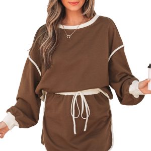 Women's Casual Skort Set, Coffee Contrast Pullover Outfit - Main View