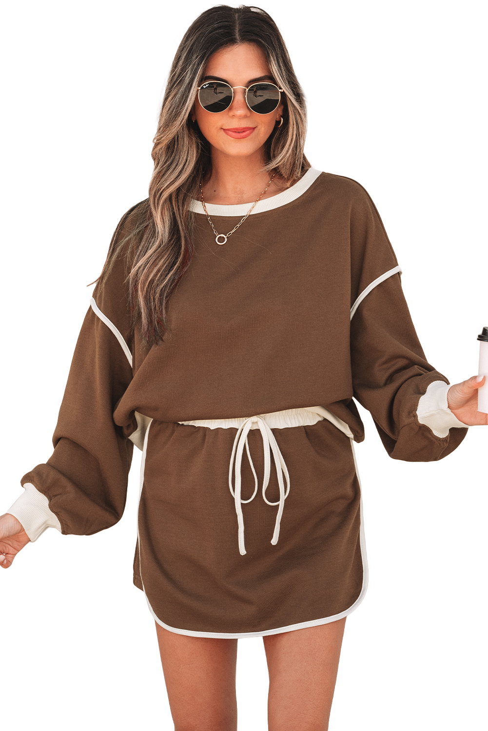 Women's Casual Skort Set, Coffee Contrast Pullover Outfit - Main View Women's Casual Skort Set, Coffee Contrast Pullover Outfit - Main View