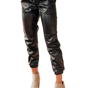 Women's Black Faux Leather Ankle Smocked Waist Drawstring Joggers - Main View