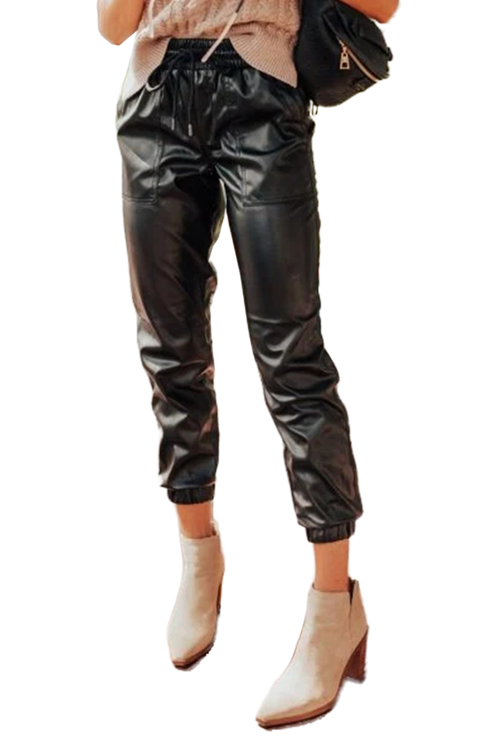 Women's Black Faux Leather Ankle Smocked Waist Drawstring Joggers - Main View Women's Black Faux Leather Ankle Smocked Waist Drawstring Joggers - Main View