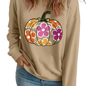 Women's Khaki Halloween Floral Pumpkin Graphic Drop Shoulder Sweatshirt - Main View