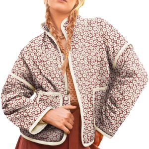 Women's Pink Floral Print Stand Neck Coat with Contrast Edge Detail - Main View