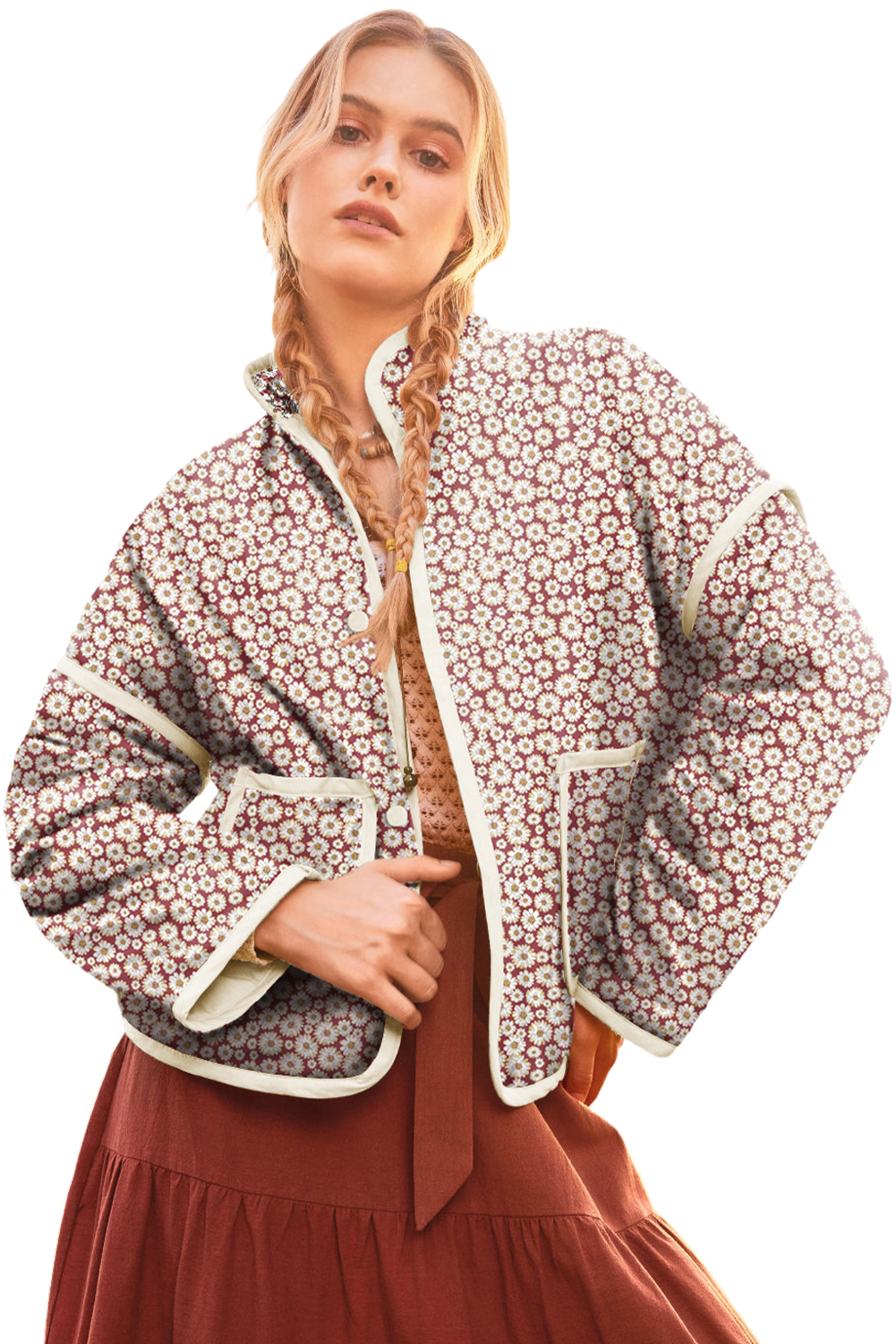 Women's Pink Floral Print Stand Neck Coat with Contrast Edge Detail - Main View Women's Pink Floral Print Stand Neck Coat with Contrast Edge Detail - Main View