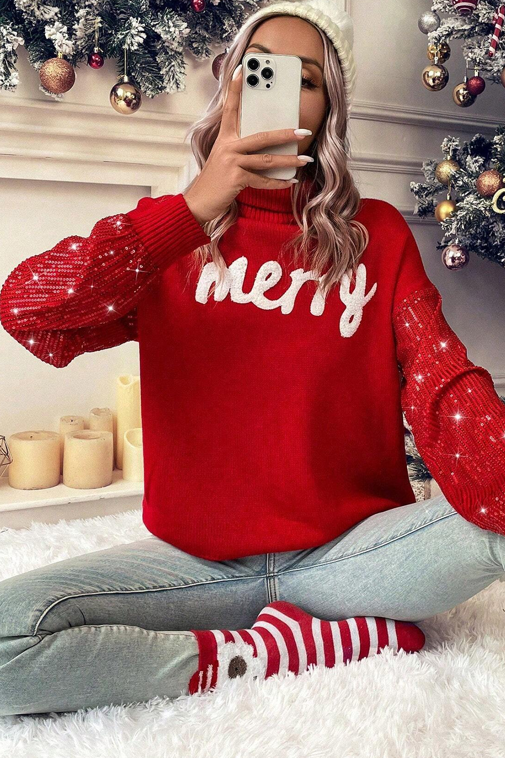 Festive and Cozy Long Sleeve Turtleneck Sweater - Shimmering Sequin Sleeves for Holiday Cheer - Detail View 6 Festive and Cozy Long Sleeve Turtleneck Sweater - Shimmering Sequin Sleeves for Holiday Cheer - Detail View 6