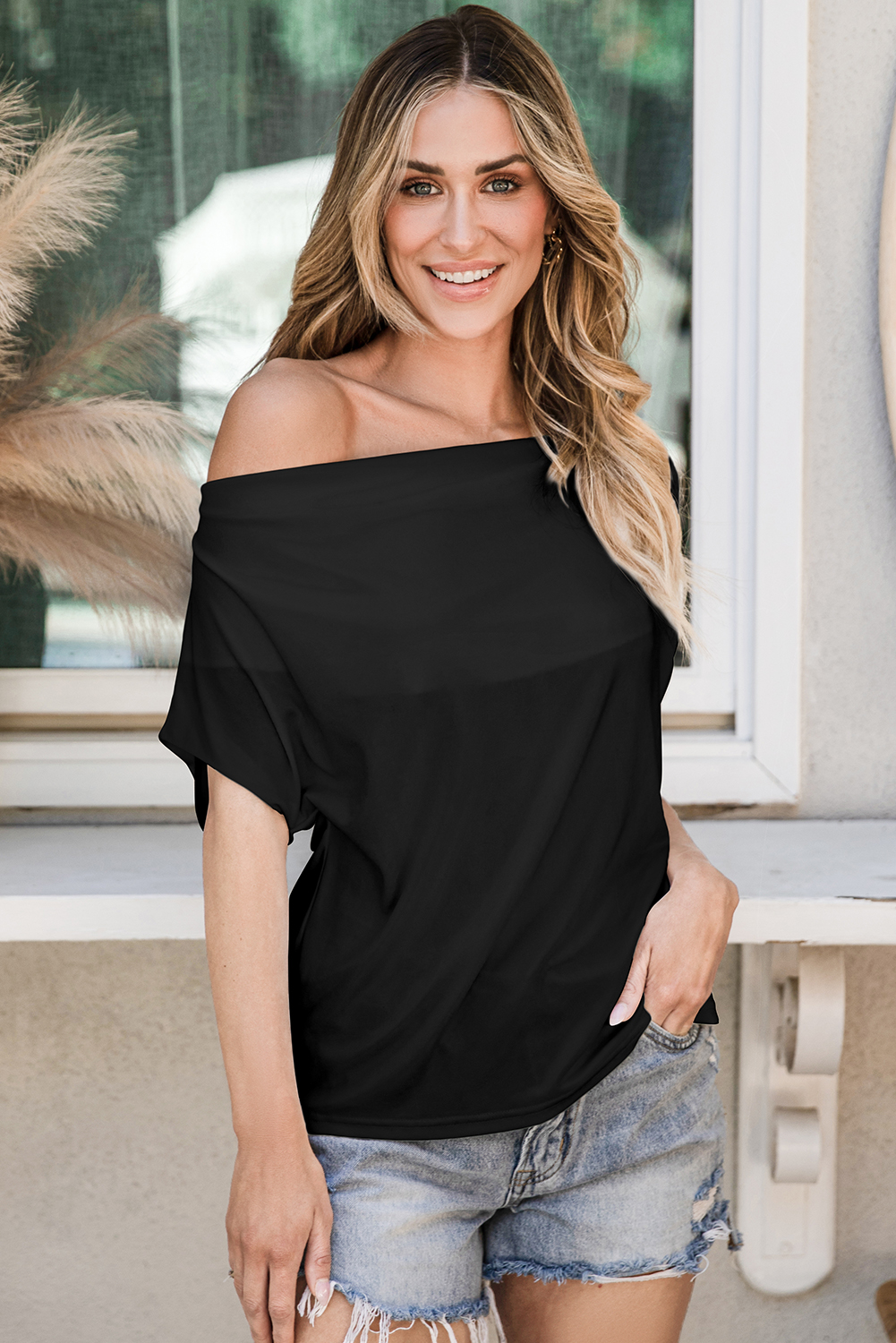 Chic Short Sleeve Tee: Black Cowl Neck with Bat Sleeve Design - Detail View 2 Chic Short Sleeve Tee: Black Cowl Neck with Bat Sleeve Design - Detail View 2