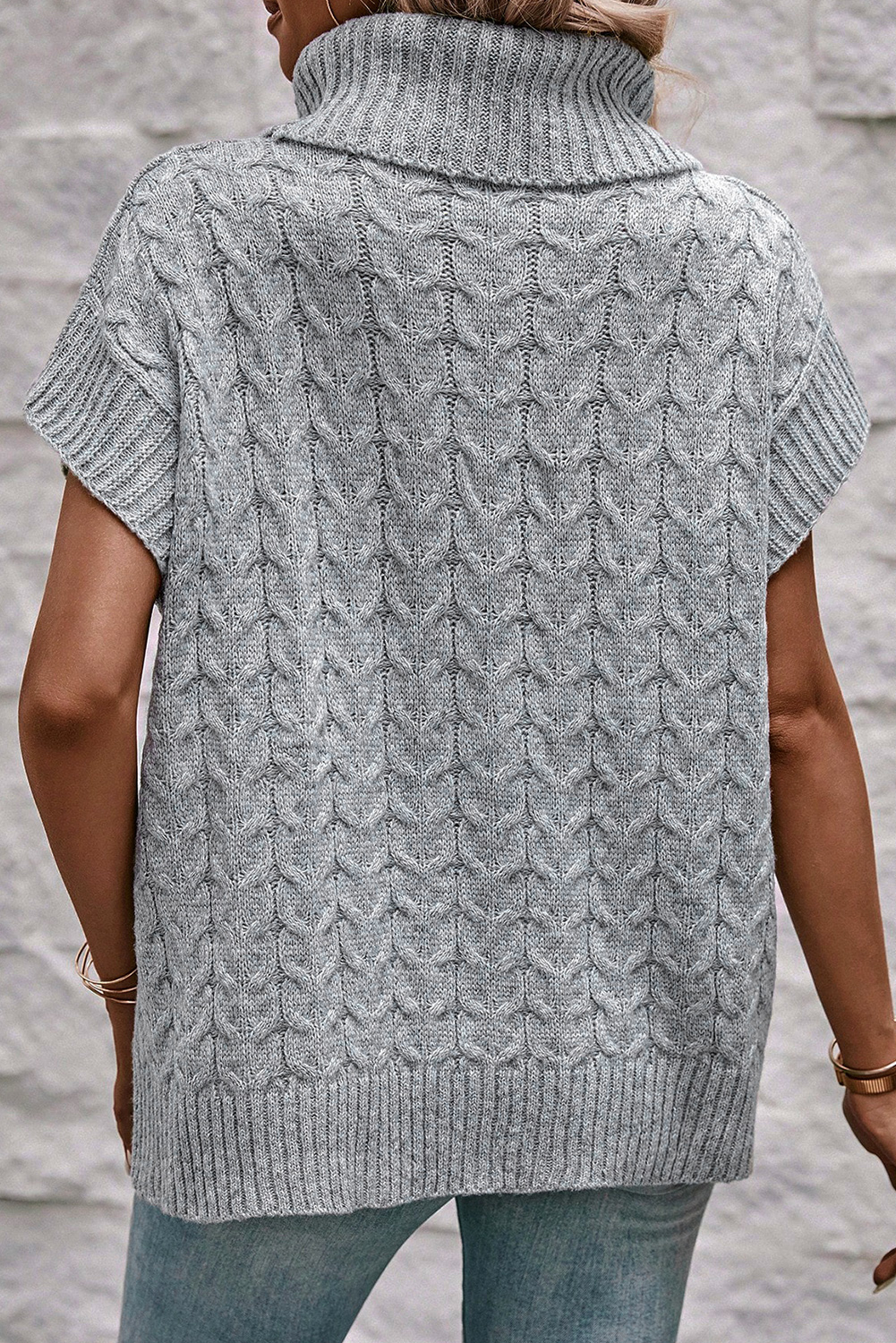 Women's Mock Neck Cable Sweater, Grey Short Sleeve Knitwear - Detail View 3 Women's Mock Neck Cable Sweater, Grey Short Sleeve Knitwear - Detail View 3