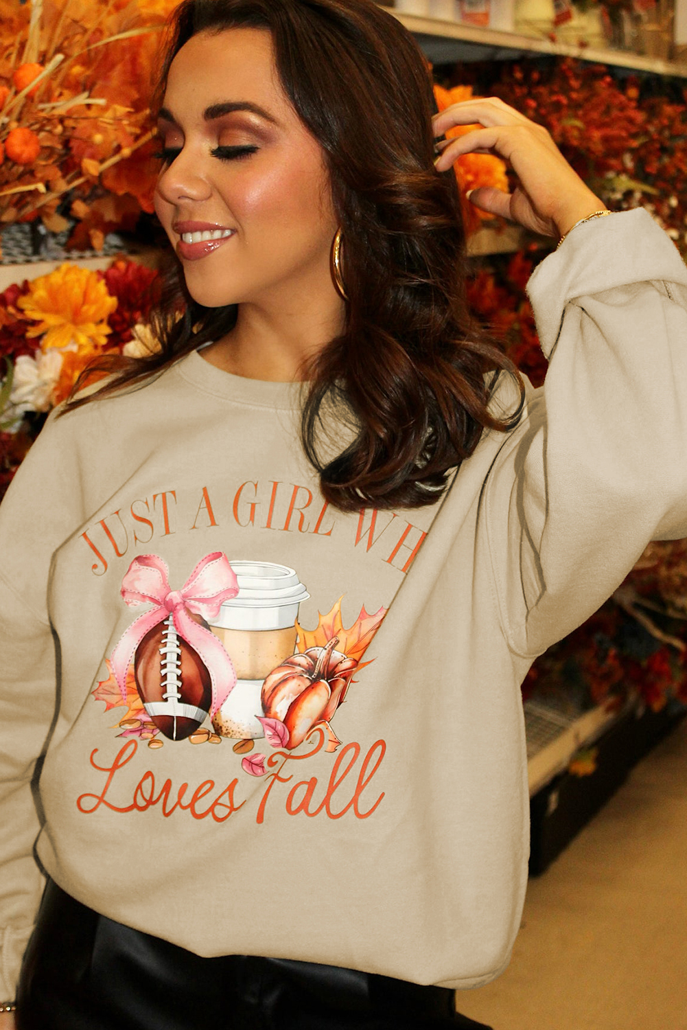 Chic and Casual Long Sleeve Sweatshirt with Pumpkin Print - Just a Girl Who Loves Fall - Detail View 6 Chic and Casual Long Sleeve Sweatshirt with Pumpkin Print - Just a Girl Who Loves Fall - Detail View 6