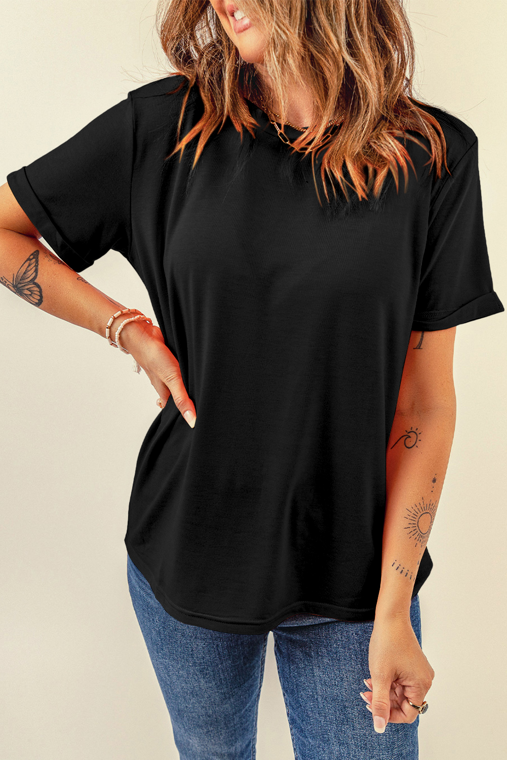 Women's Black Crew Neck Tee, Casual Short Sleeve Summer Top - Detail View 4 Women's Black Crew Neck Tee, Casual Short Sleeve Summer Top - Detail View 4