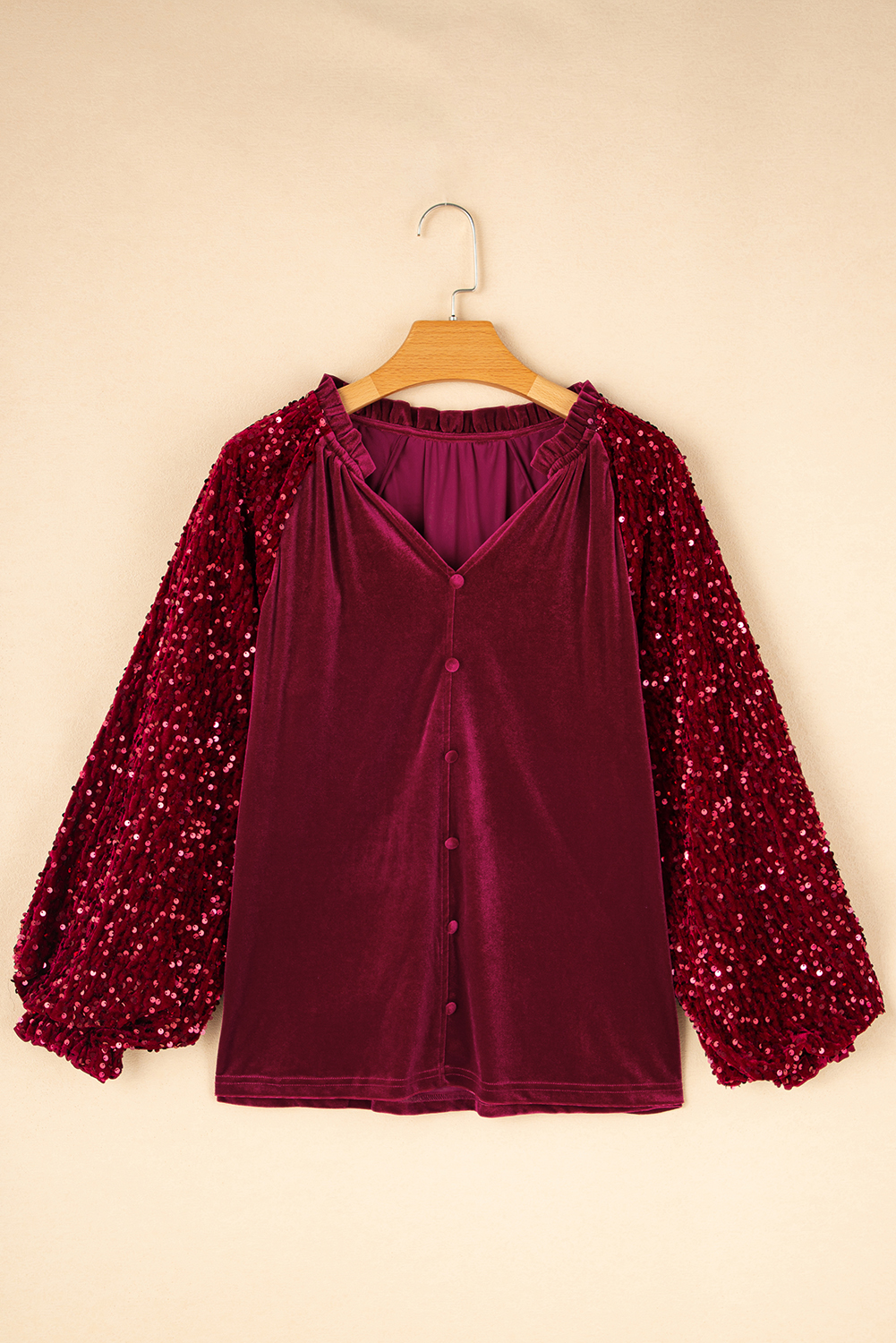Women's Red Velvet Top with Sequin Patchwork Sleeves - Button Up Style - Detail View 9 Women's Red Velvet Top with Sequin Patchwork Sleeves - Button Up Style - Detail View 9