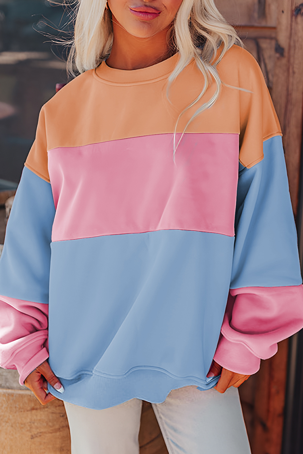 Cozy and Trendy ColorBlock Sweatshirt - Sky Blue Drop Shoulder - Detail View 2 Cozy and Trendy ColorBlock Sweatshirt - Sky Blue Drop Shoulder - Detail View 2
