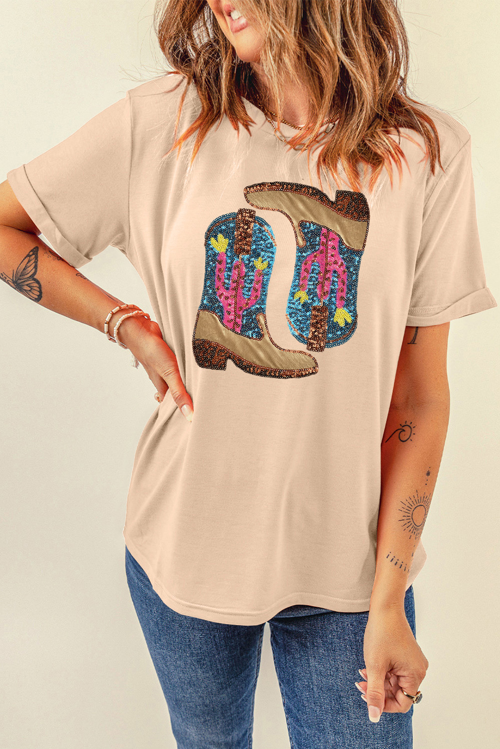Women's Western Graphic Tee, Khaki Sequin Boot Print Top - Detail View 4 Women's Western Graphic Tee, Khaki Sequin Boot Print Top - Detail View 4
