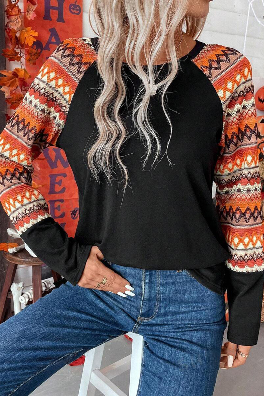Bold Geometric Pattern Long Sleeve Tee: Orange Geo Print - Detail View 7 Bold Geometric Pattern Long Sleeve Tee: Orange Geo Print - Detail View 7