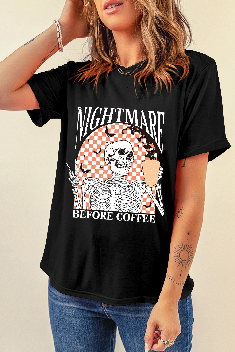 Casual Halloween Graphic Tee: Black Skull Design on Checkered Background - Detail View 7 Casual Halloween Graphic Tee: Black Skull Design on Checkered Background - Detail View 7