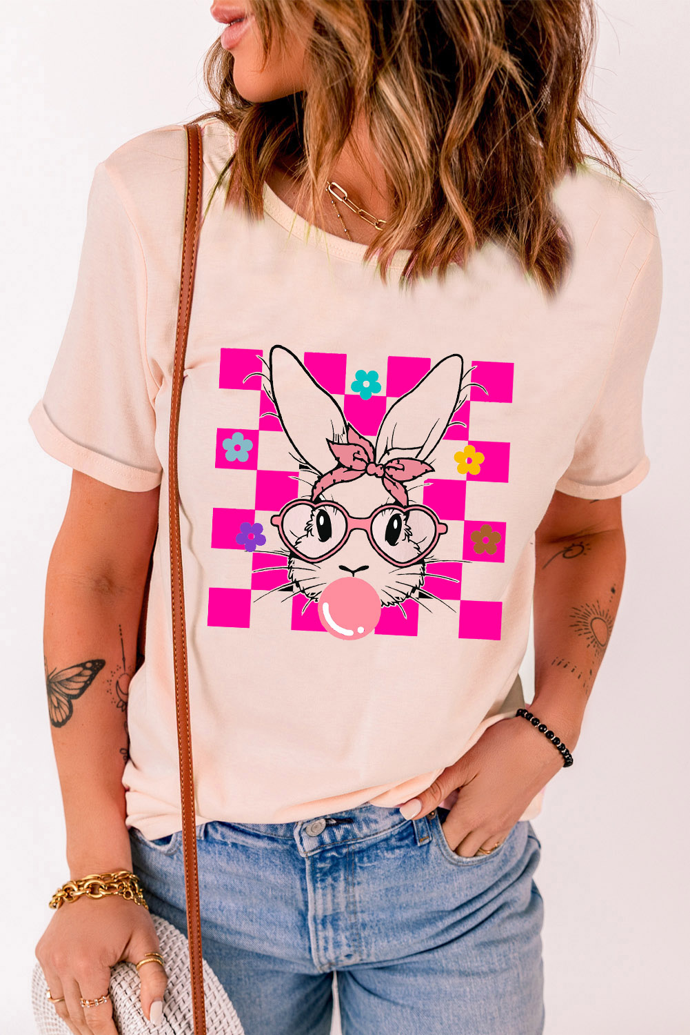 Cute Rabbit Print Graphic Tee, Summer Round Neck Casual Top - Detail View 2 Cute Rabbit Print Graphic Tee, Summer Round Neck Casual Top - Detail View 2