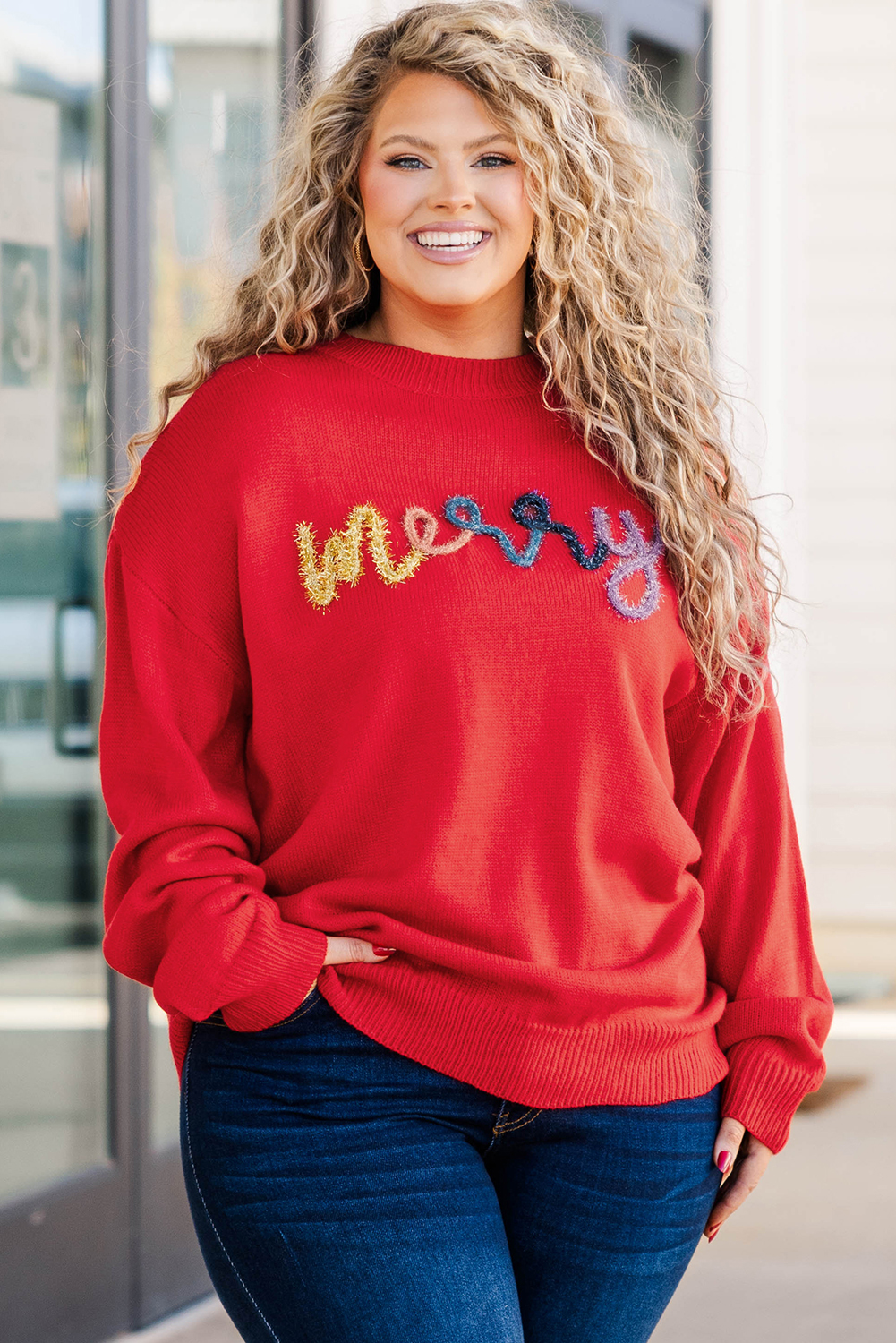 Women's Plus Size Sweater, Fiery Red, Drop Shoulder, Tinsel Merry Pattern, Casual Style, Round Neck, Long Sleeve, Holiday Fashion, Winter Wear, Comfortable, Cozy, Embroidered Detail, Daily Wear, Seasonal Clothing, Christmas Sweater - Detail View 12 Women's Plus Size Sweater, Fiery Red, Drop Shoulder, Tinsel Merry Pattern, Casual Style, Round Neck, Long Sleeve, Holiday Fashion, Winter Wear, Comfortable, Cozy, Embroidered Detail, Daily Wear, Seasonal Clothing, Christmas Sweater - Detail View 12