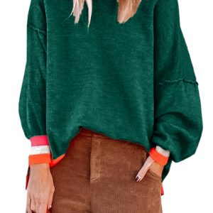 Women’s Blackish Green Colorblock Striped Trim Drop Shoulder Sweater - Casual Chic for Fall - Main View
