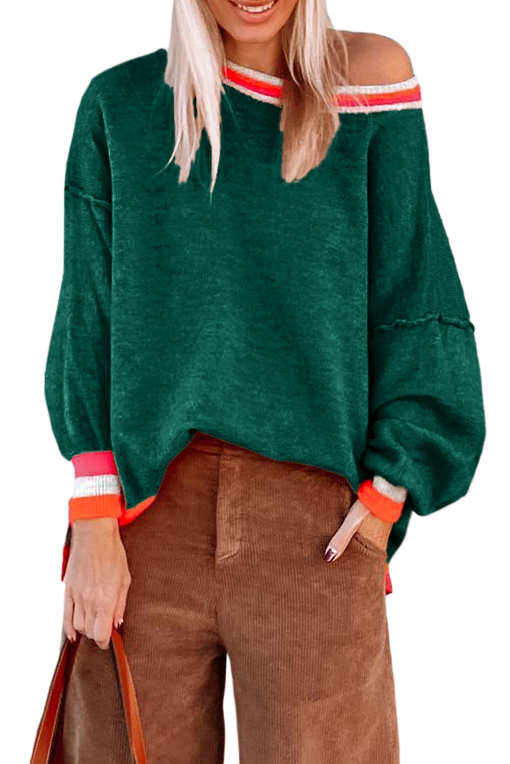 Women’s Blackish Green Colorblock Striped Trim Drop Shoulder Sweater - Casual Chic for Fall - Main View Women’s Blackish Green Colorblock Striped Trim Drop Shoulder Sweater - Casual Chic for Fall - Main View