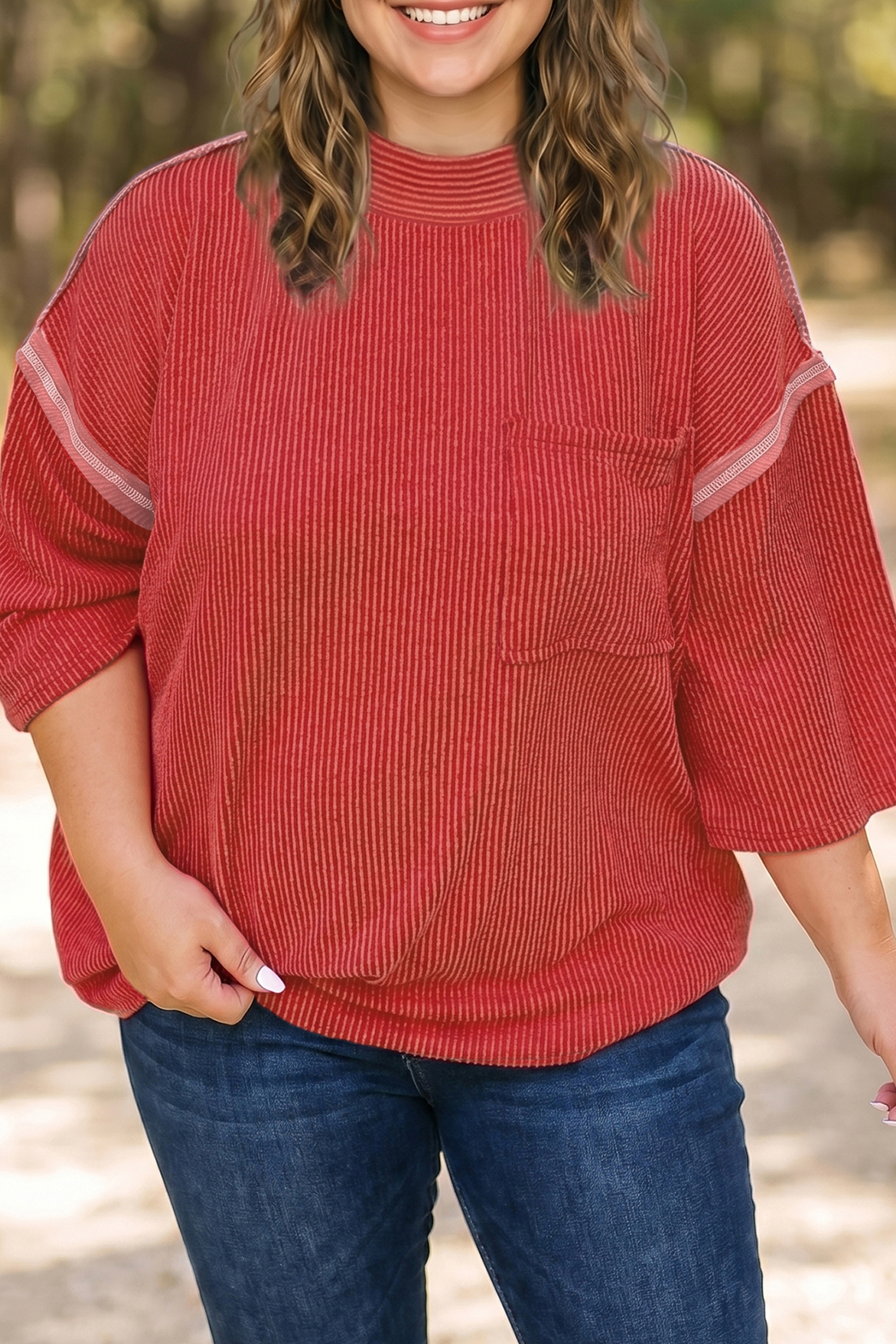 Women's Corded Rib Blouse, Fiery Red Round Neck Tunic - Detail View 8 Women's Corded Rib Blouse, Fiery Red Round Neck Tunic - Detail View 8