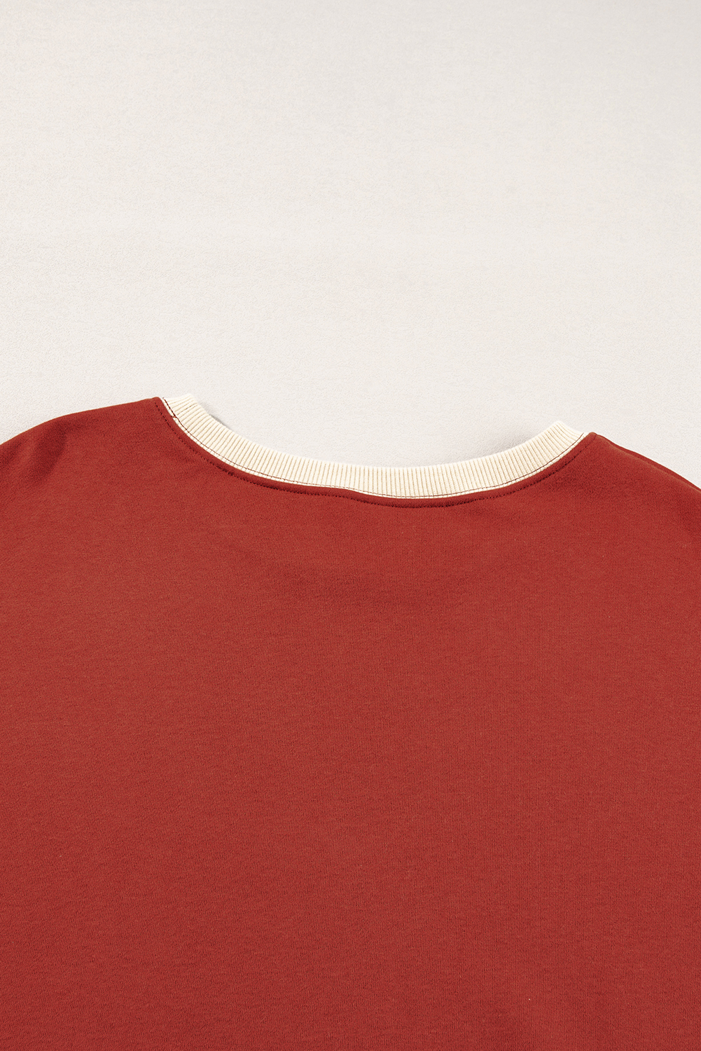 Trendy Oversized Long Sleeve Sweatshirt - Red Clay Color Block Patch Design - Detail View 12 Trendy Oversized Long Sleeve Sweatshirt - Red Clay Color Block Patch Design - Detail View 12